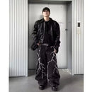 American high street texturizado relâmpago bordado perna reta jeans masculino solto perna larga até o chão calças de emagrecimento