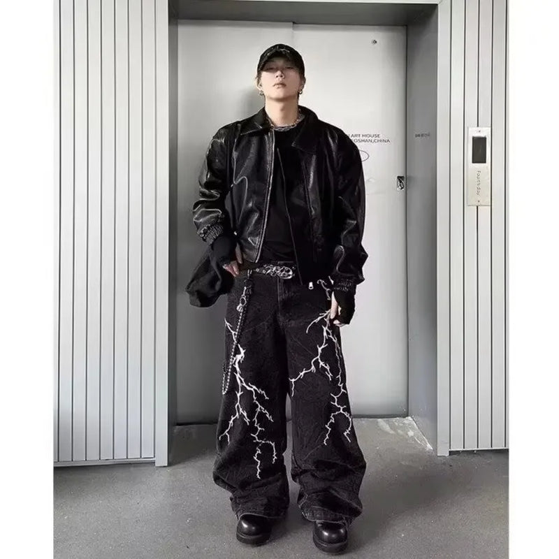 American high street texturizado relâmpago bordado perna reta jeans masculino solto perna larga até o chão calças de emagrecimento