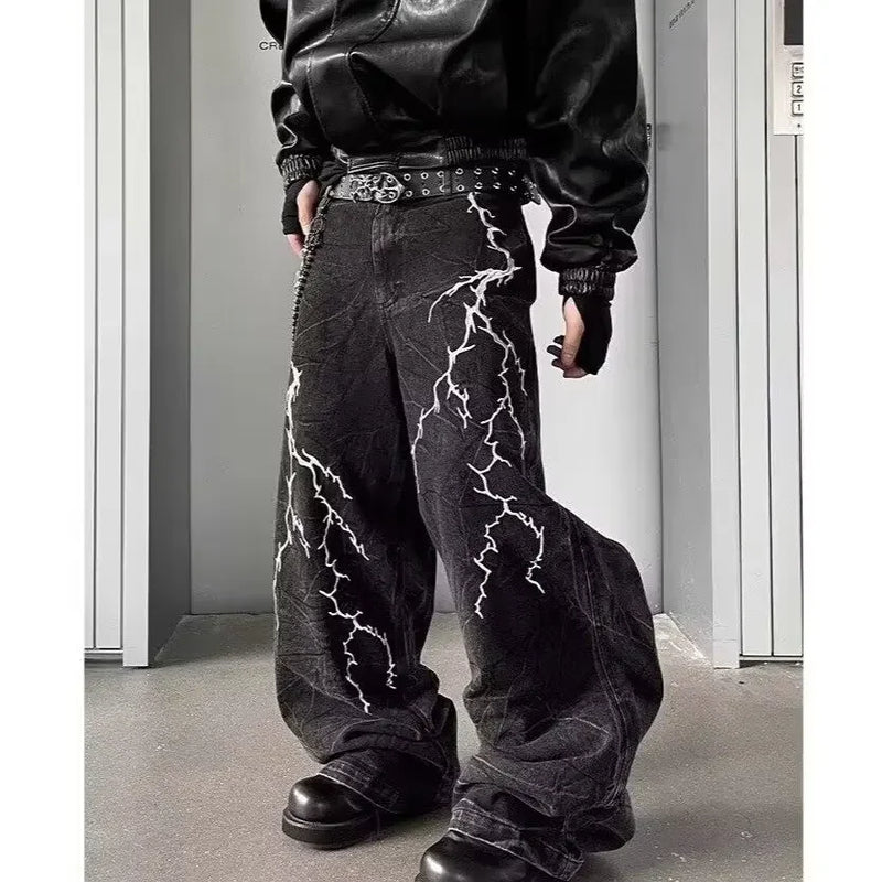 American high street texturizado relâmpago bordado perna reta jeans masculino solto perna larga até o chão calças de emagrecimento