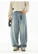 HANLU 2025 Primavera Novo! Jeans masculinos retrô lavados grandes, calças curvas com estrutura dividida da marca moderna, soltas e elegantes