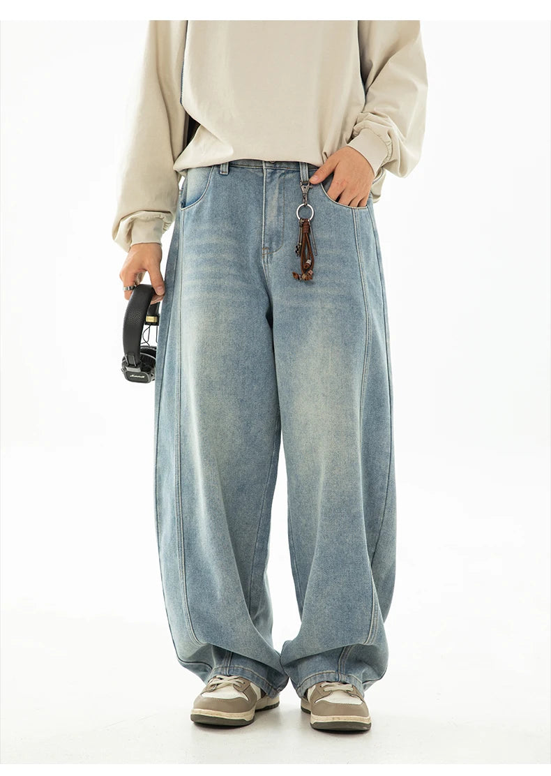 HANLU 2025 Primavera Novo! Jeans masculinos retrô lavados grandes, calças curvas com estrutura dividida da marca moderna, soltas e elegantes