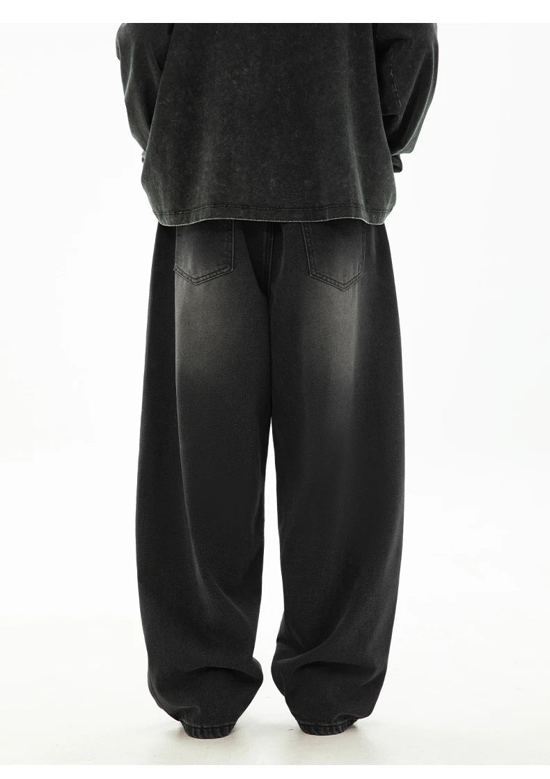 HANLU 2025 Primavera Novo! Jeans masculinos retrô lavados grandes, calças curvas com estrutura dividida da marca moderna, soltas e elegantes