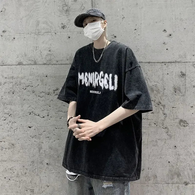 Camiseta de manga curta afligida masculina, retrô americano, algodão pesado, manga corporal, grandes dimensões, tamanho grande, roupa solta, verão